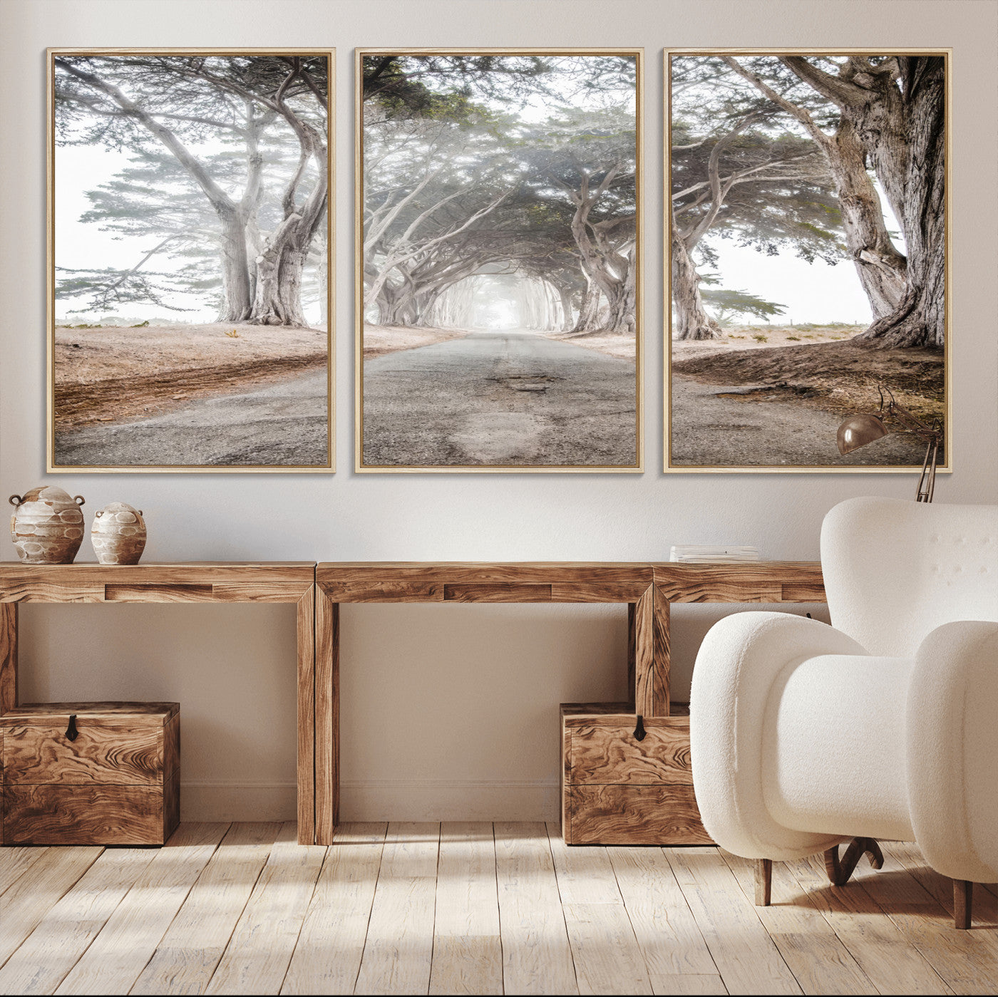 Canvas of a misty tree tunnel with arching cypress trees and an earthy road, ideal for rustic or coastal nature decor.