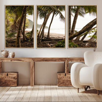 Dense tropical palm trees framing a sandy beach and ocean shore, ideal for jungle or coastal themed interior wall decor.
