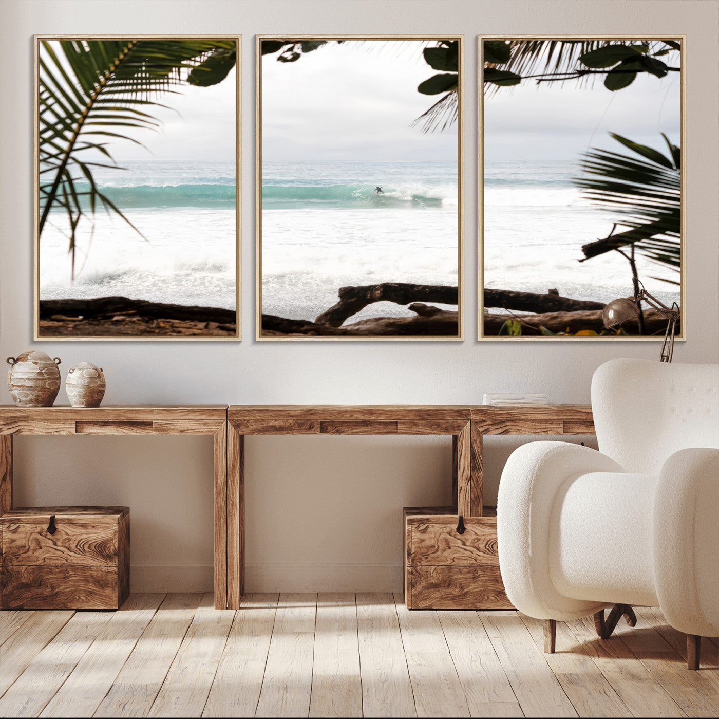 Tropical beach view with palm trees and surfer riding a wave, perfect for boho or coastal-inspired interior wall decor.