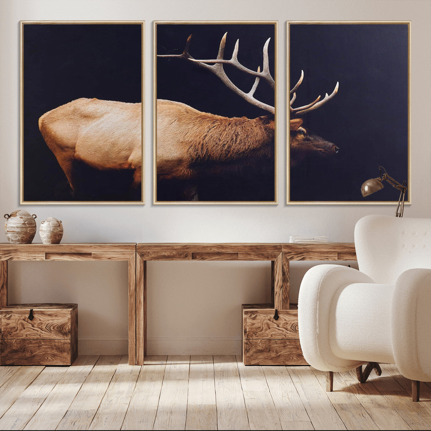Side profile of an elk with large antlers on dark background, creating a bold rustic statement for cabin or Western-themed decor.