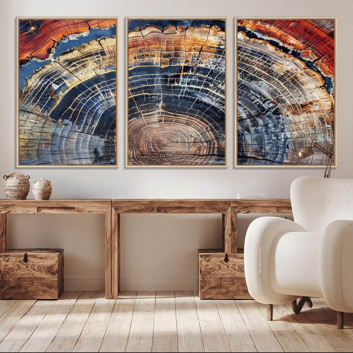 Vibrant tree ring with orange, brown, and blue tones in abstract detail, perfect for rustic or boho-inspired wall decor.