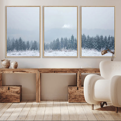 Snow-covered forest under misty sky, soft light breaking through clouds, ideal for minimalist or Nordic-inspired home decor.