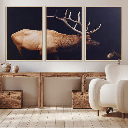 Side view of a majestic elk with large antlers against dark background, perfect for rustic lodge or cabin style home decoration.