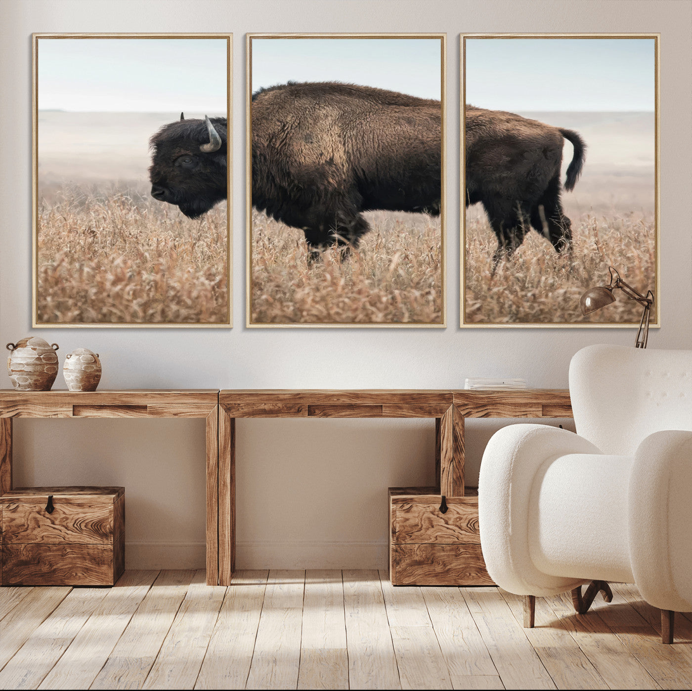 A lone bison stands in a vast prairie under a soft sky, evoking freedom and rustic charm for western or farmhouse inspired interiors.