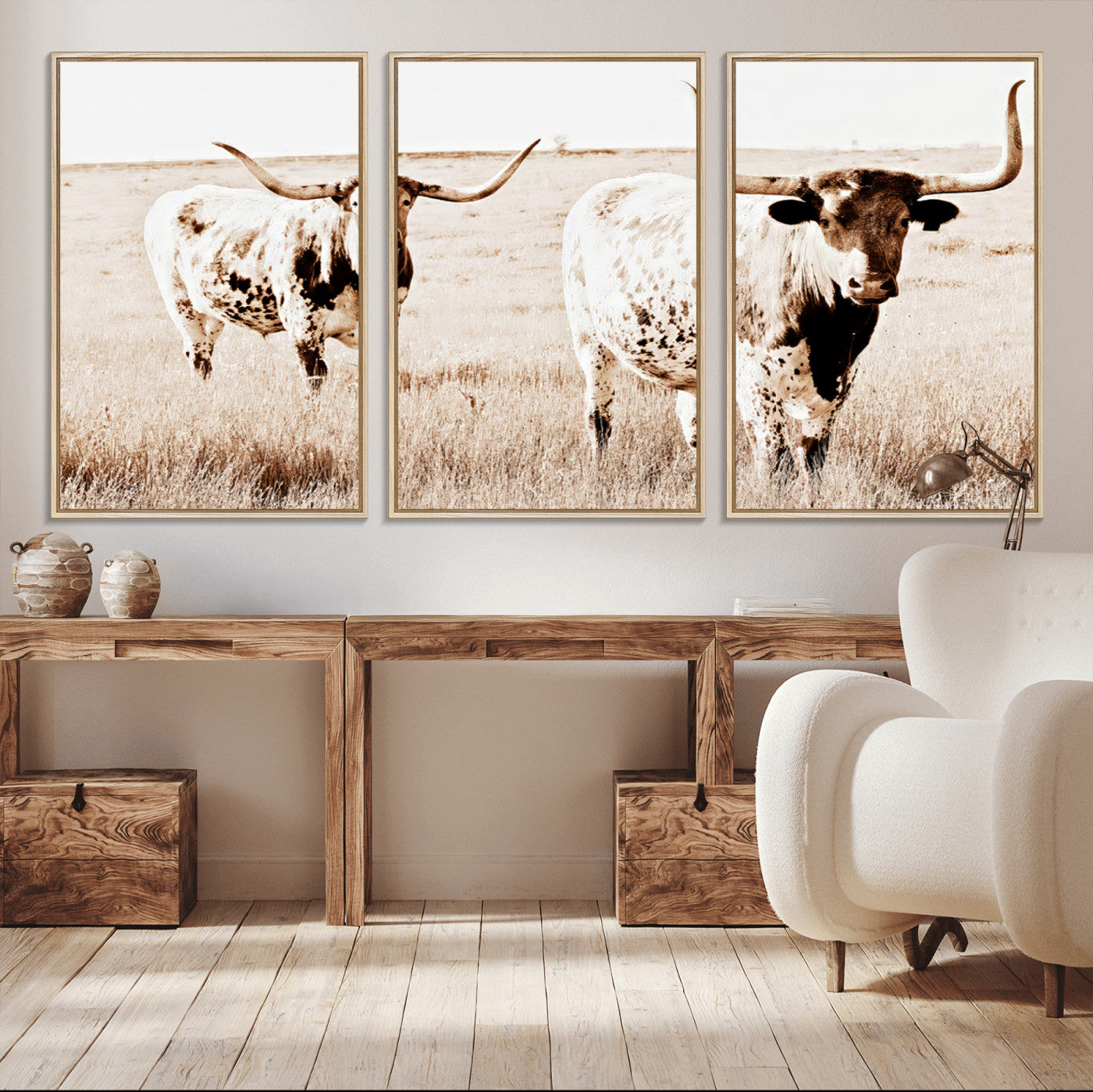 Two Texas longhorn cows standing in a sepia-toned pasture, evoking rustic charm perfect for farmhouse or western country interiors. (