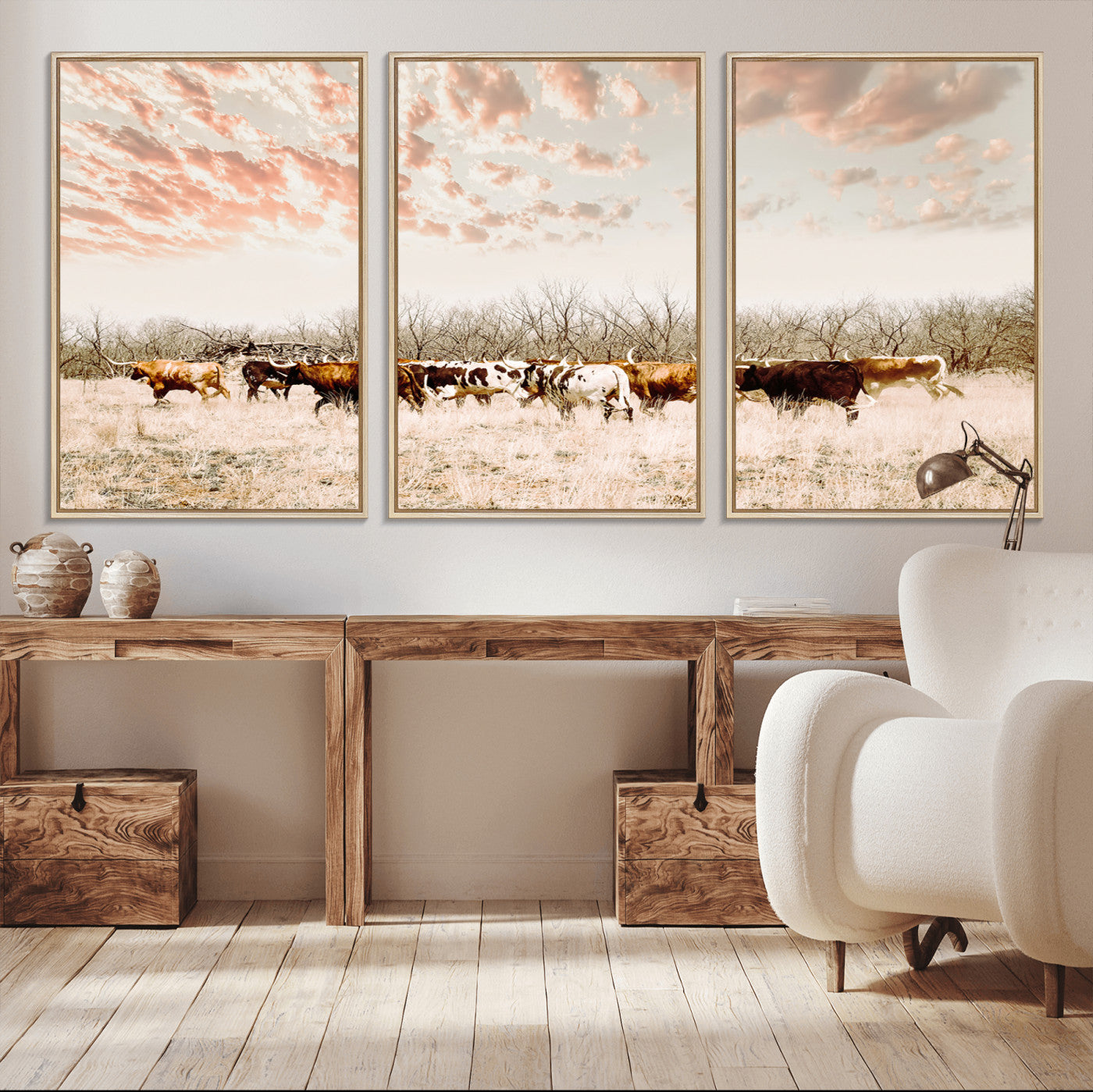 Cattle herd in a soft-toned field under a pastel pink sky, creating a peaceful rustic feel, perfect for farmhouse or western-themed spaces.