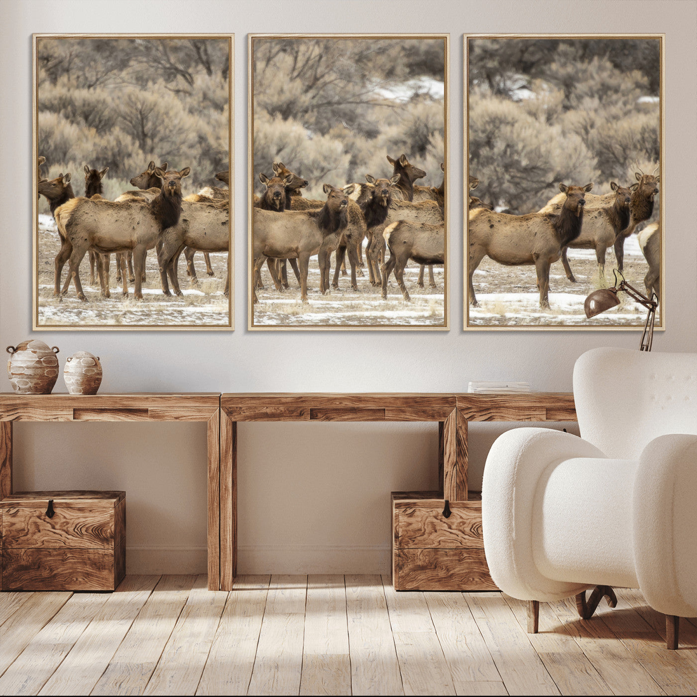 A large herd of elk standing in an open field with soft earthy tones, ideal for rustic lodge or western-themed home wall decor.
