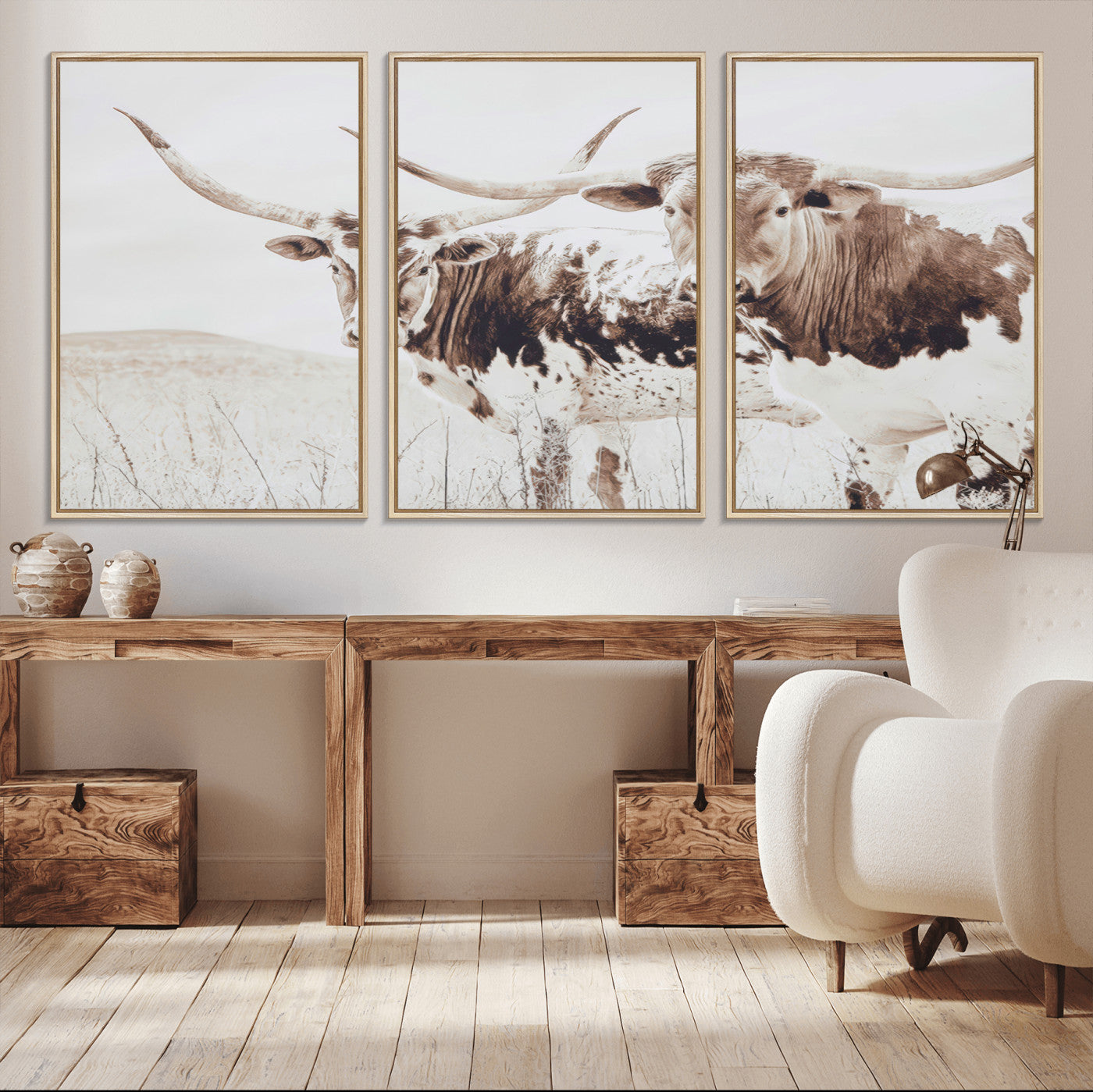 Two longhorn cows standing in a sepia-toned pasture with soft light, ideal for rustic or farmhouse-themed neutral wall decor.