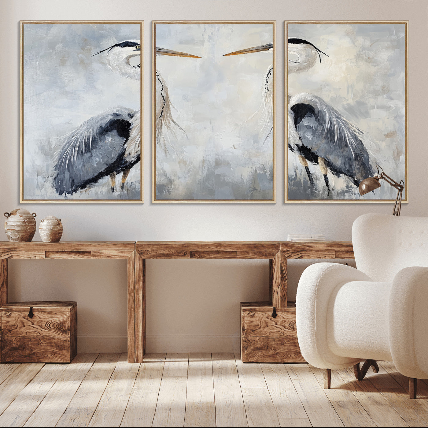 Two herons facing each other on a soft-toned background with blue-grey feathers, perfect for tranquil, coastal or nature-themed interiors.