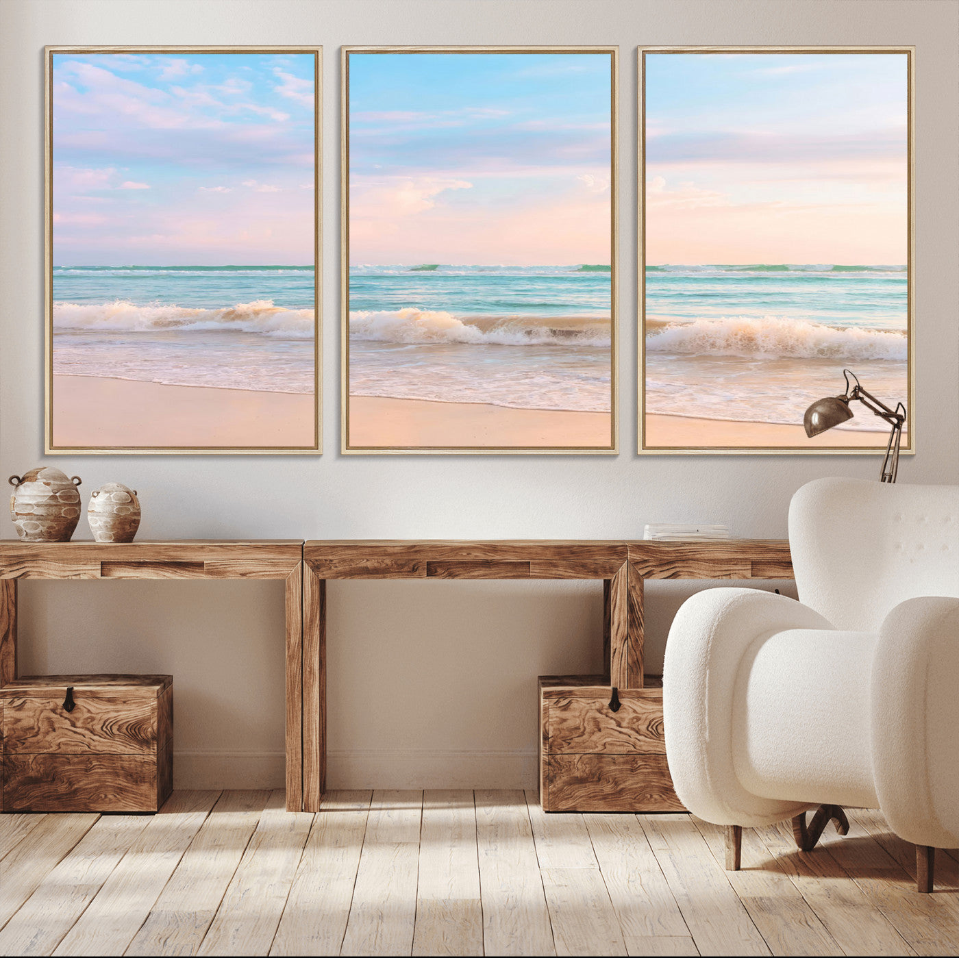 A peaceful beach scene with soft pastel skies, gentle waves washing up on the sandy shore, creating a calm and serene ocean view.