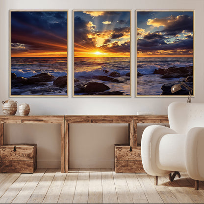 An explosive sunset over the ocean with dramatic clouds and rays of sunlight reflecting off the water, creating a vibrant and captivating view.
