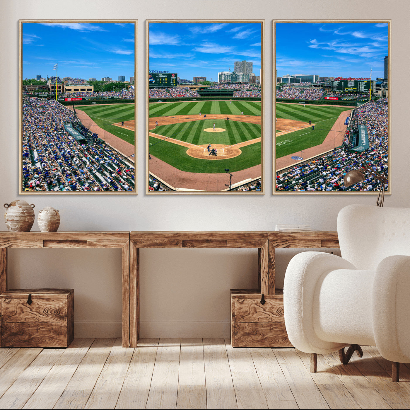 Wrigley Field Baseball Stadium Canvas Wall Art, Packed Crowd Sports Stadium Print, City Skyline Baseball Field Canvas for Game Room Decor