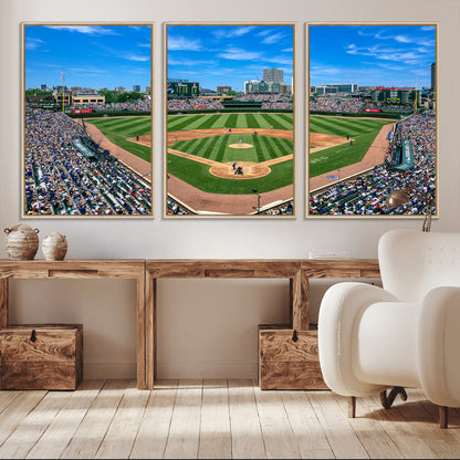 Wrigley Field Baseball Stadium Canvas Wall Art, Packed Crowd Sports Stadium Print, City Skyline Baseball Field Canvas for Game Room Decor