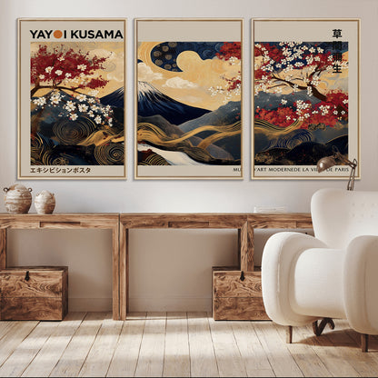 Yayoi Kusama's artwork featuring Mount Fuji, blooming cherry trees, and intricate swirls, blending traditional Japanese elements with vibrant color.