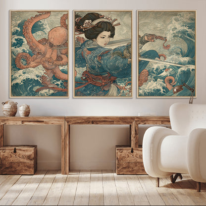 Tsukioka Yoshitoshi Samurai Wall Art Print, Japanese Katana Warrior Canvas Wall Art, Octopus Sea Monster Canvas Print,