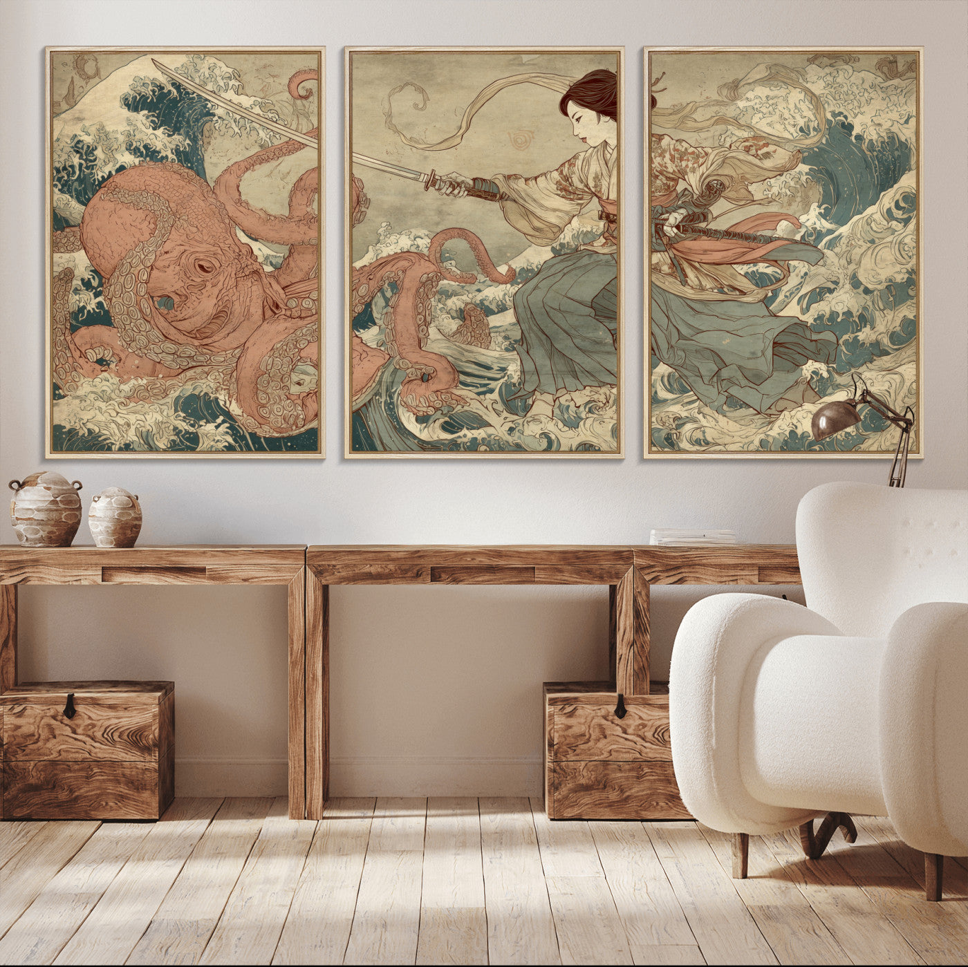 Tsukioka Yoshitoshi Samurai Wall Art Print, Japanese Katana Warrior Canvas Wall Art, Octopus Sea Monster Canvas Print,
