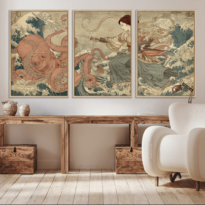 Tsukioka Yoshitoshi Samurai Wall Art Print, Japanese Katana Warrior Canvas Wall Art, Octopus Sea Monster Canvas Print,