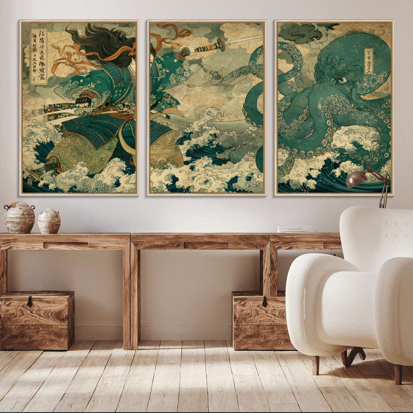 Tsukioka Yoshitoshi Samurai Wall Art Print, Japanese Katana Warrior Canvas Wall Art, Octopus Sea Monster Canvas Print,