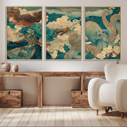 Tsukioka Yoshitoshi Samurai Wall Art Print, Japanese Katana Warrior Canvas Wall Art, Octopus Sea Monster Canvas Print,