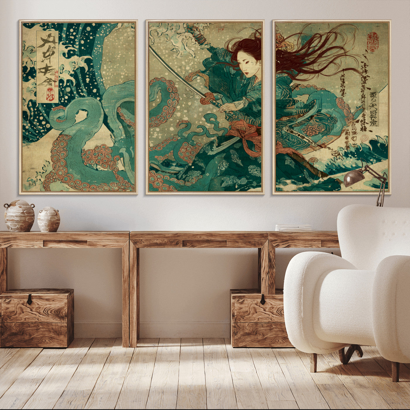 Tsukioka Yoshitoshi Samurai Wall Art Print, Japanese Katana Warrior Canvas Wall Art, Octopus Sea Monster Canvas Print,