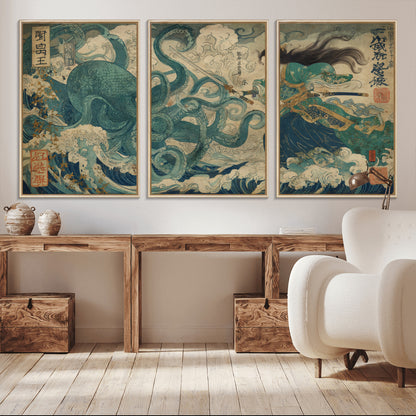 Tsukioka Yoshitoshi Samurai Wall Art Print, Japanese Katana Warrior Canvas Wall Art, Octopus Sea Monster Canvas Print,