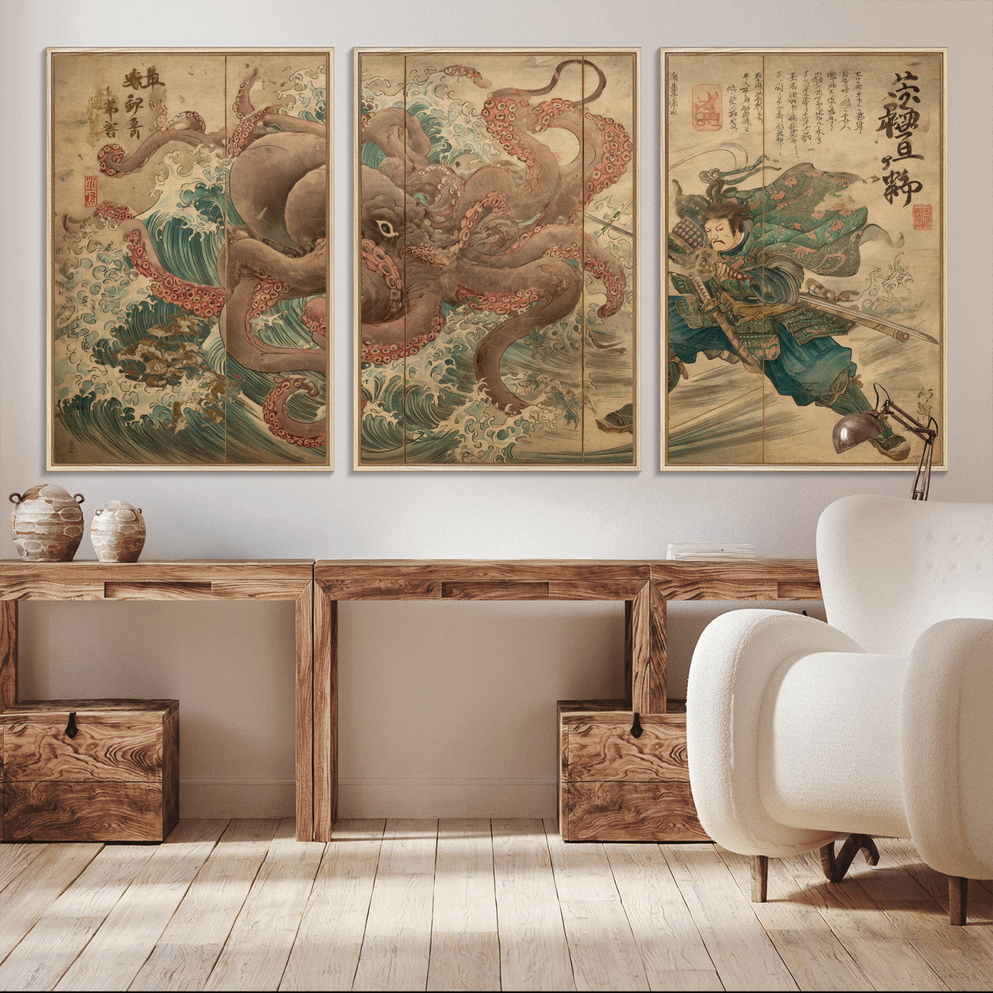 Tsukioka Yoshitoshi Samurai Wall Art Print, Japanese Katana Warrior Canvas Wall Art, Octopus Sea Monster Canvas Print,