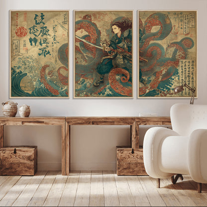 Tsukioka Yoshitoshi Samurai Wall Art Print, Japanese Katana Warrior Canvas Wall Art, Octopus Sea Monster Canvas Print,