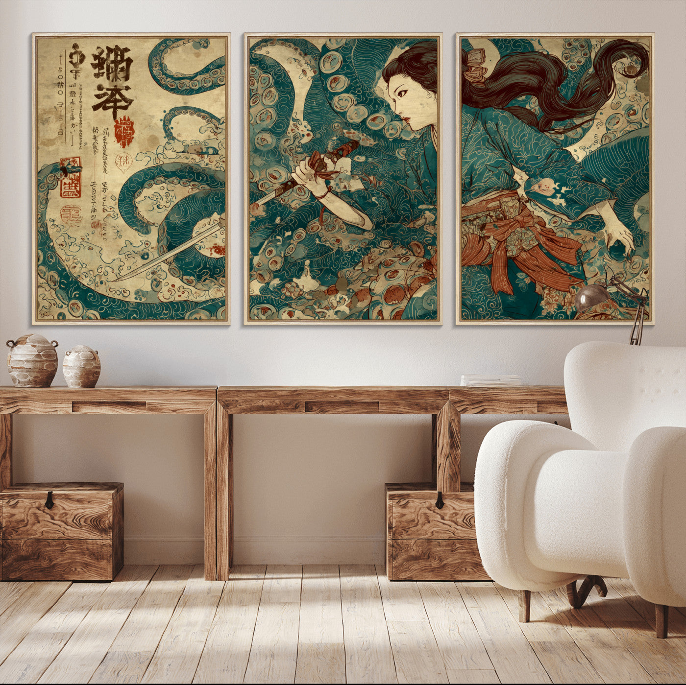 Tsukioka Yoshitoshi Samurai Wall Art Print, Japanese Katana Warrior Canvas Wall Art, Octopus Sea Monster Canvas Print,