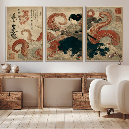 Tsukioka Yoshitoshi Samurai Wall Art Print, Japanese Katana Warrior Canvas Wall Art, Octopus Sea Monster Canvas Print,