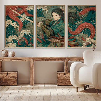 Tsukioka Yoshitoshi Samurai Wall Art Print, Japanese Katana Warrior Canvas Wall Art, Octopus Sea Monster Canvas Print,