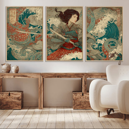 Tsukioka Yoshitoshi Samurai Wall Art Print, Japanese Katana Warrior Canvas Wall Art, Octopus Sea Monster Canvas Print,