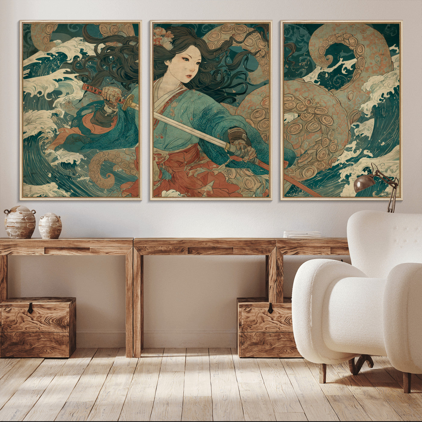 Tsukioka Yoshitoshi Samurai Wall Art Print, Japanese Katana Warrior Canvas Wall Art, Octopus Sea Monster Canvas Print,