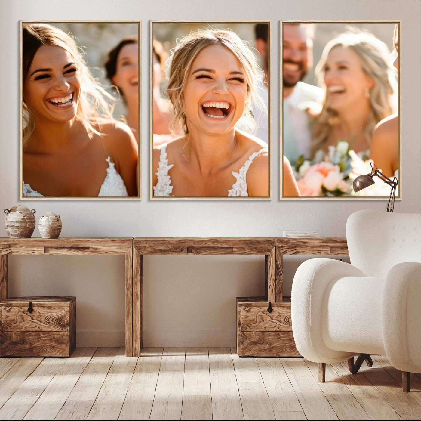 MGV-FC-60X30-3P - Joyful Wedding Wall Art – Laughing Bride and Bridesmaids Canvas Print, Romantic Celebration Photography Decor for Bedroom, Living Room, or Wedding Gift