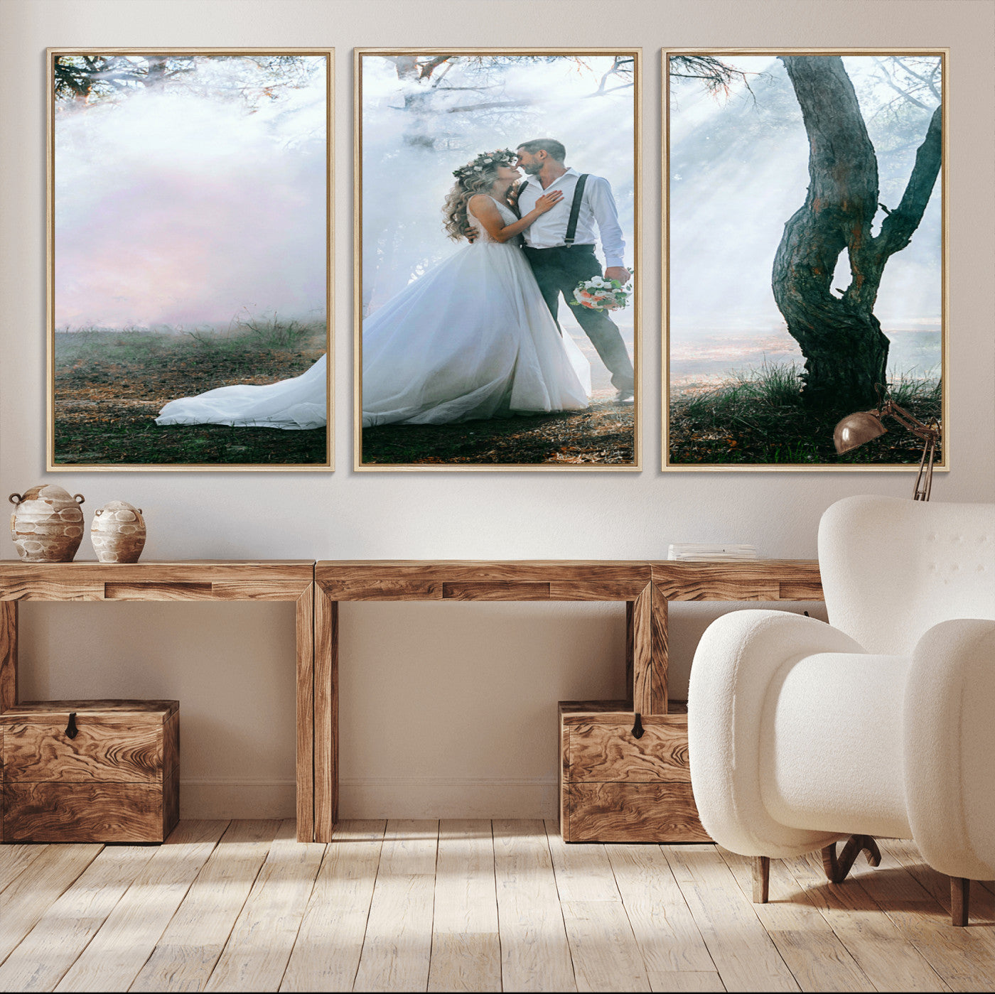 MGV-FC-60X30-3P - Forest Wedding Wall Art – Romantic Bride and Groom Canvas Print, Enchanted Woodland Photography Decor for Bedroom, Living Room, or Wedding Gift