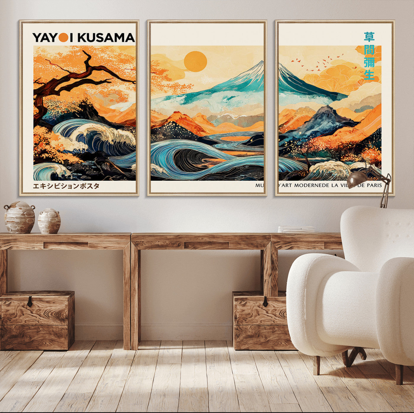 Modern Japanese-style art print featuring a stylized Mount Fuji, flowing waves, and vibrant landscapes in bold colors, inspired by traditional and contemporary aesthetics.