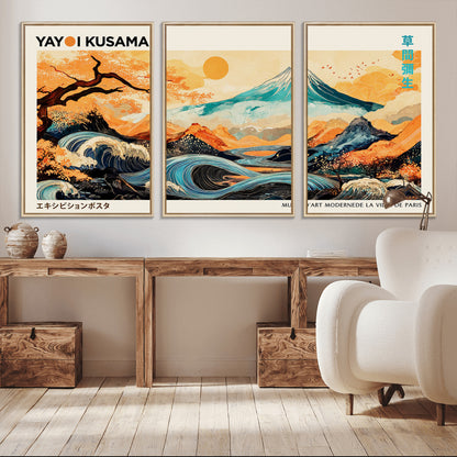 Modern Japanese-style art print featuring a stylized Mount Fuji, flowing waves, and vibrant landscapes in bold colors, inspired by traditional and contemporary aesthetics.