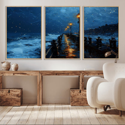 "Impressionistic painting of a rainy pier at night with glowing street lamps reflecting on the wet surface, ocean waves crashing under a dark blue sky."