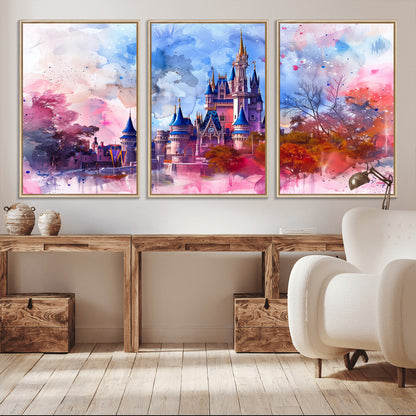 Watercolor canvas of a dreamy Disney-style castle in pastel pink and blue tones, perfect for fairytale or whimsical home decor.