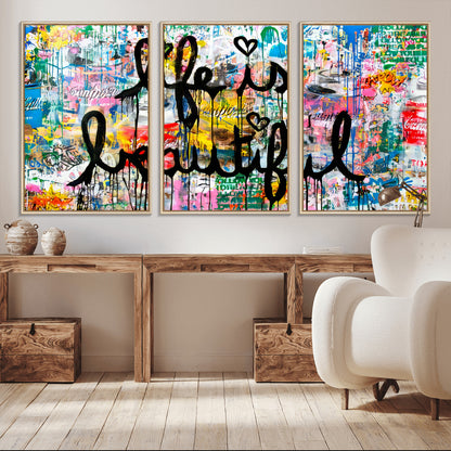 Colorful urban-style canvas with graffiti text “Life is Beautiful” in black paint, ideal for bold or street-themed home decor.