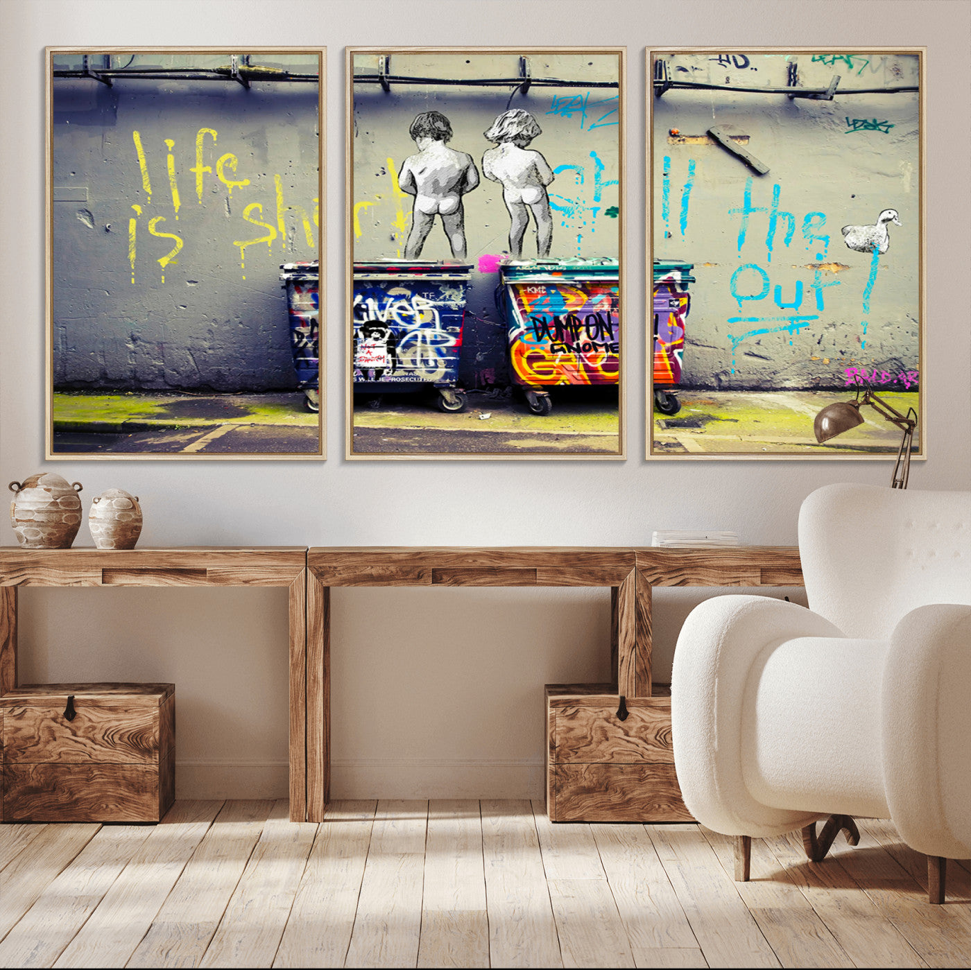 Graffiti-style canvas art with bold text and two naked figures over urban dumpsters, ideal for edgy or street-style decor.