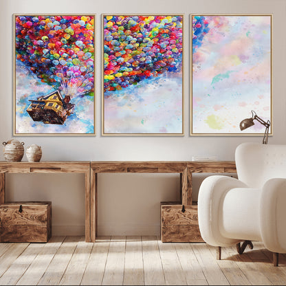 Whimsical canvas of the house from the movie Up flying with colorful balloons, ideal for Pixar or animation-themed decor.