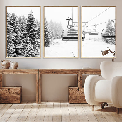 Black and white canvas of empty ski lifts over a snowy pine forest, perfect for minimal winter or ski lodge-inspired decor.