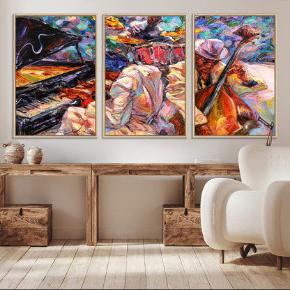 Vibrant oil painting of a jazz band with piano, saxophone, and bass, ideal for colorful and expressive music-themed home decor.
