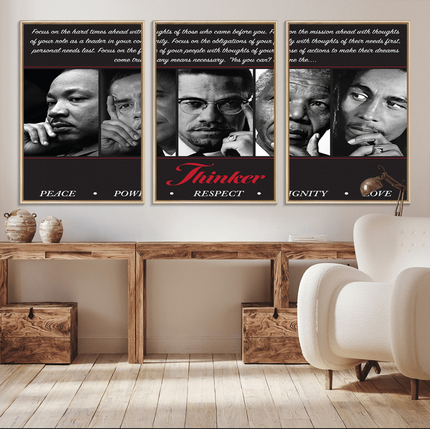 Monochrome canvas of iconic Black leaders with a powerful quote, perfect for modern spaces with a cultural or motivational theme.