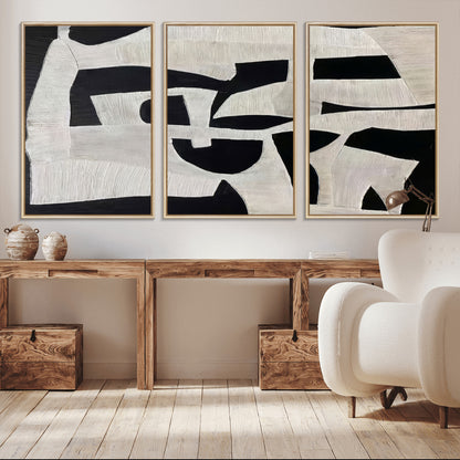 Minimalist black and white canvas featuring bold abstract textures and geometric shapes, ideal for modern neutral decor.