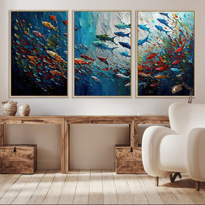 Colorful painting of fish swimming in abstract ocean swirls, perfect for vibrant marine-themed or expressive coastal home decor.