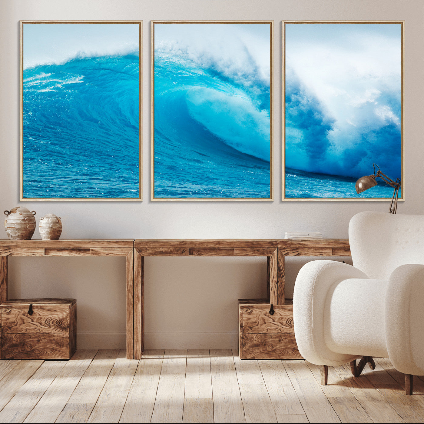Vibrant canvas of a powerful curling ocean wave in tropical blue tones, perfect for coastal or surf-inspired decor settings.