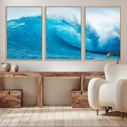 Vibrant canvas of a powerful curling ocean wave in tropical blue tones, perfect for coastal or surf-inspired decor settings.