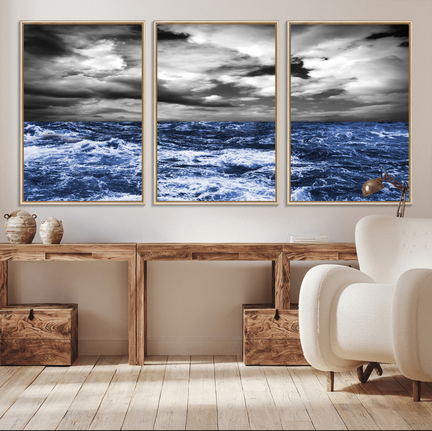 Moody canvas wall art of a stormy ocean under a dramatic black-and-white sky, perfect for bold or coastal-style interiors.