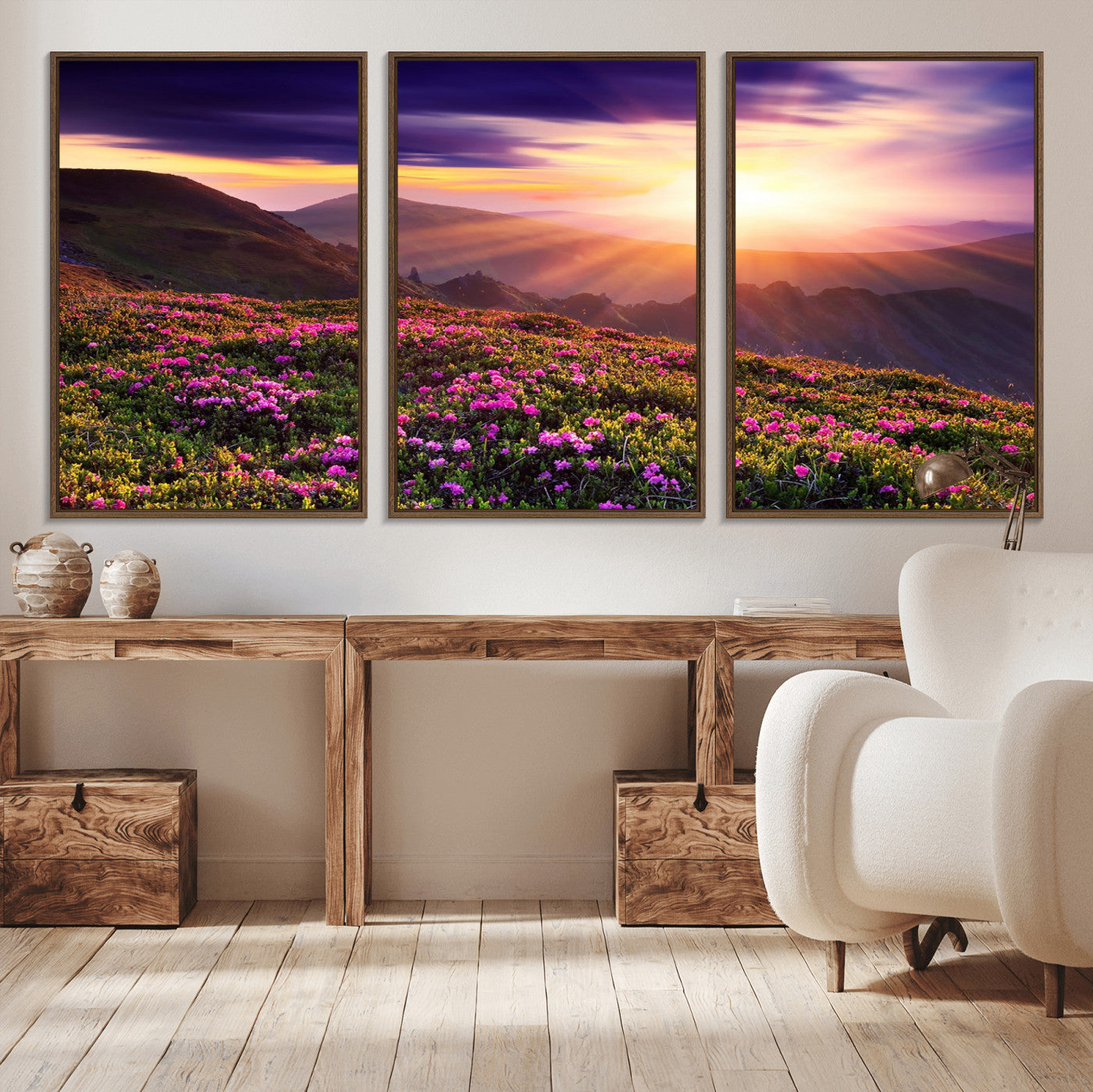 -Mountain Sunrise Wall Art – Vibrant Floral Landscape Canvas Print, Nature Home Decor for Living Room, Bedroom Office or Cabin